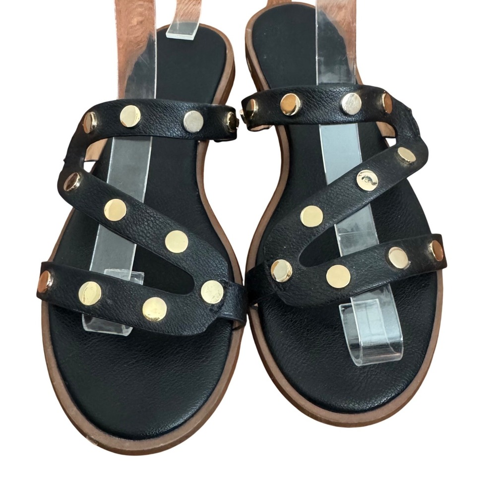 Kensie‎ Mimosa Studded Flat Sandals 6 Black Gold Edgy Strappy Comfortable Slides